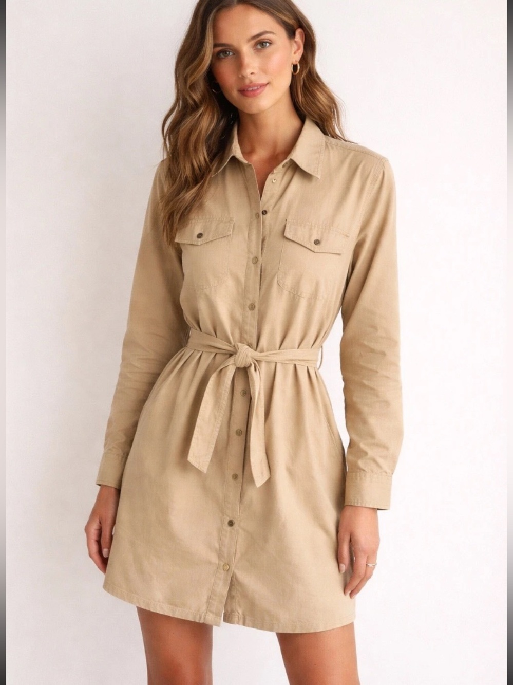 Ralph Lauren Shirt Dress Small Belted Button Front Khaki Tan Cotton Safari EUC